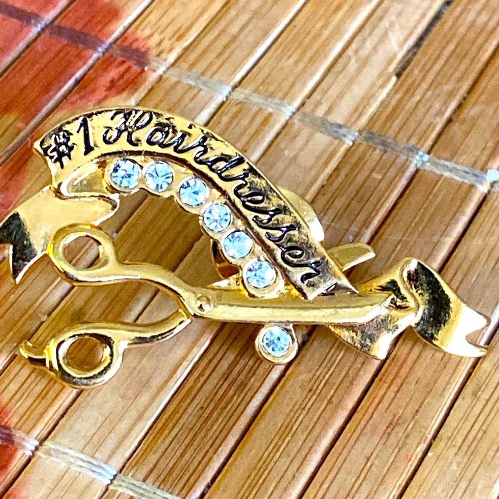 Vintage 90s #1 HAIRDRESSER Rhinestoned Pin
